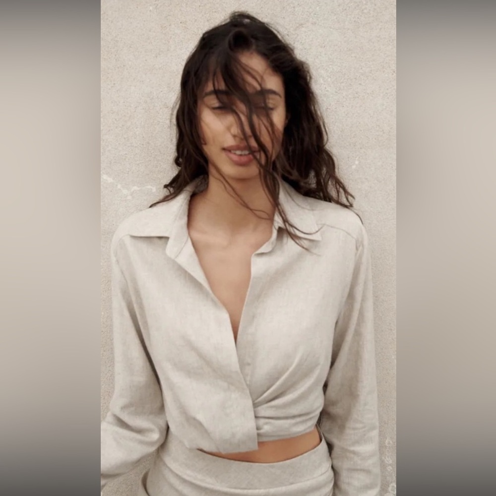 *NWT* Zara linen blend cropped collared shirt